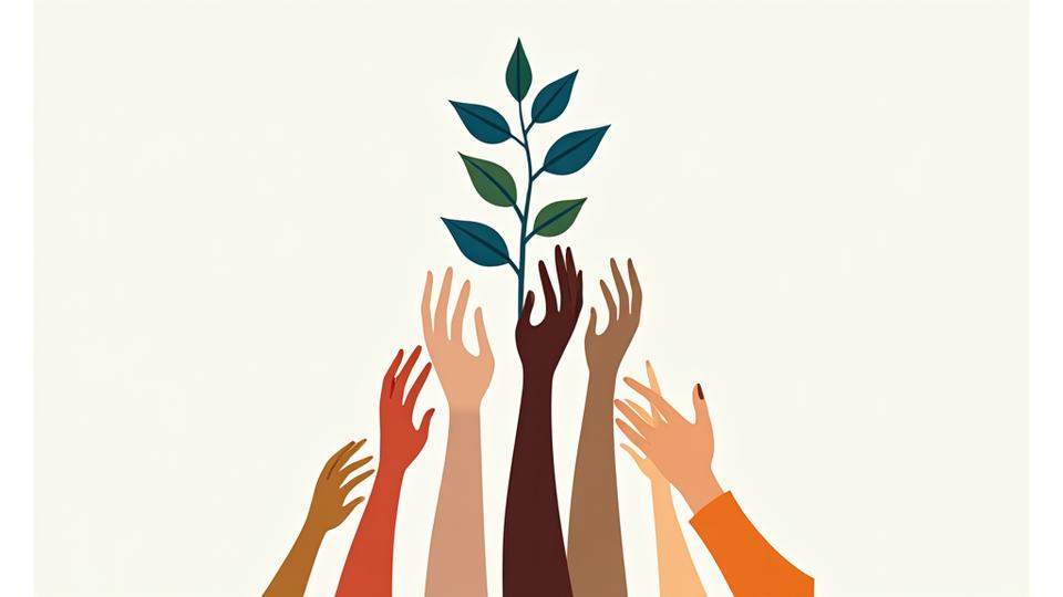 Illustration of diverse professional hands coming together to form a cohesive structure, symbolizing strong company culture and teamwork.