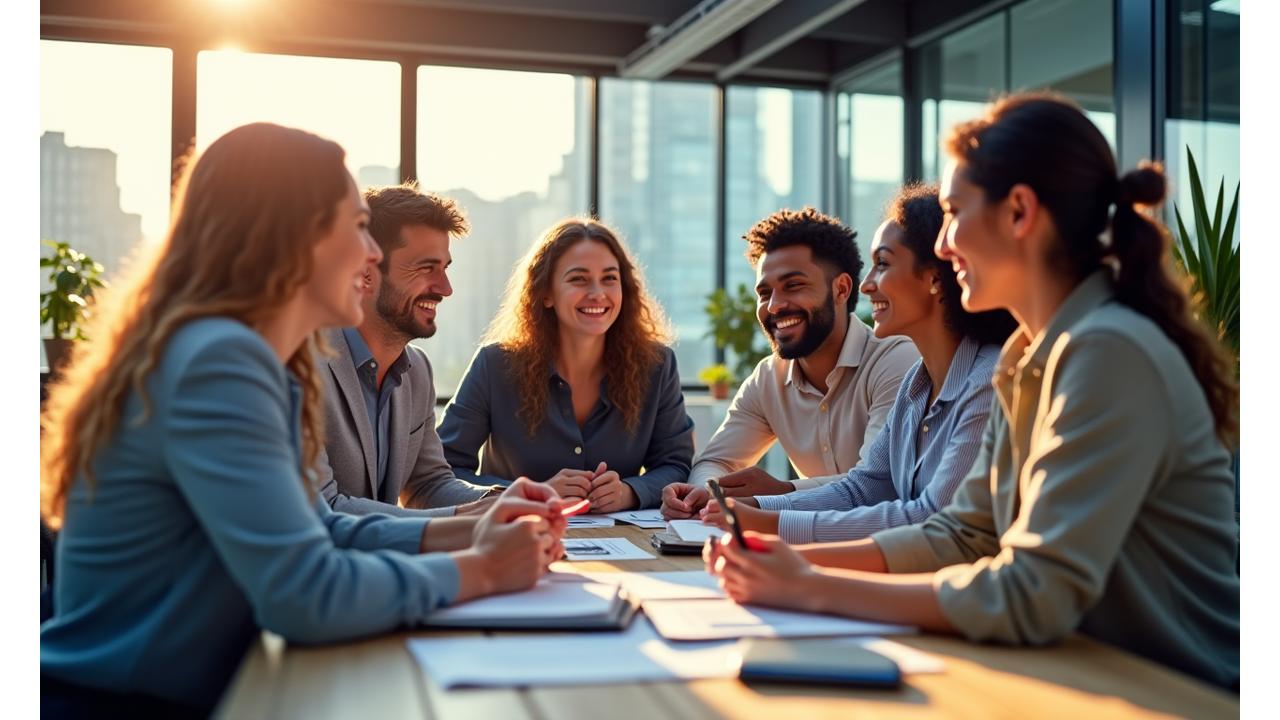 Diverse group of employees collaborating happily in a modern, sunlit office space, emblematic of a positive and engaged Canadian workplace culture.