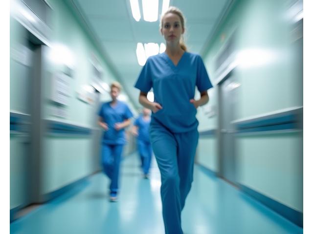 Medical professional in scrubs quickly moving through a hospital corridor, conveying urgency and efficiency