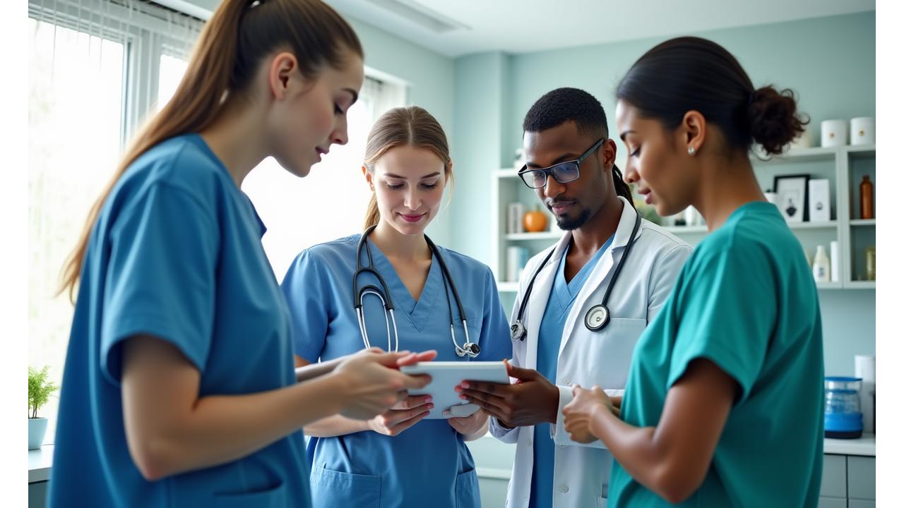 Team of healthcare professionals collaborating, conveying expertise and compassionate care in a modern hospital setting