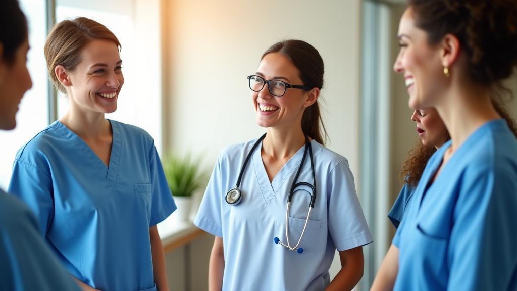 Diverse group of medical professionals smiling, conveying successful collaboration and a thriving healthcare environment