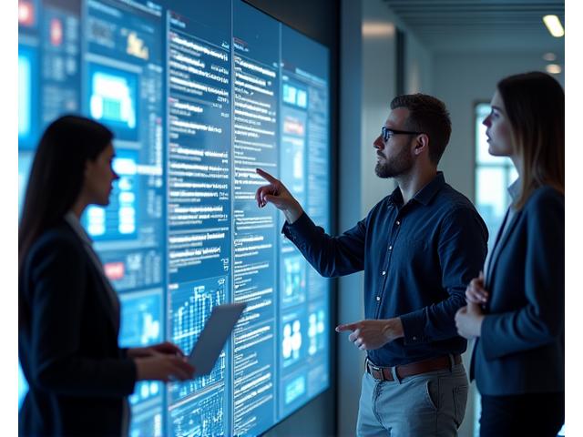 Tech professionals collaborating around a digital interface