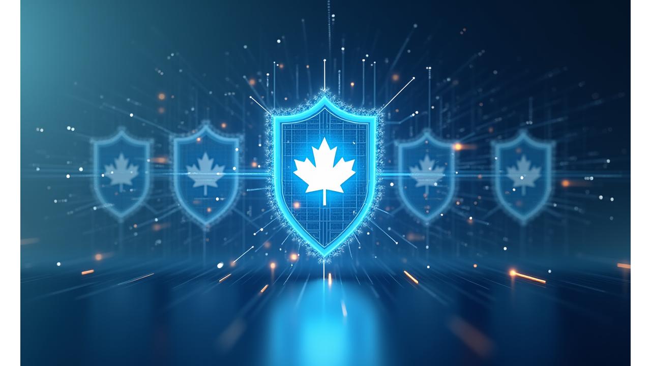 Abstract representation of data security with interlocking digital shields and a maple leaf icon, set against a backdrop of flowing data streams, in Maple Hearth Resourcing's brand colors.