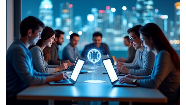 Diverse team collaborating virtually across continents, with digital overlay showing Toronto skyline and global network connections