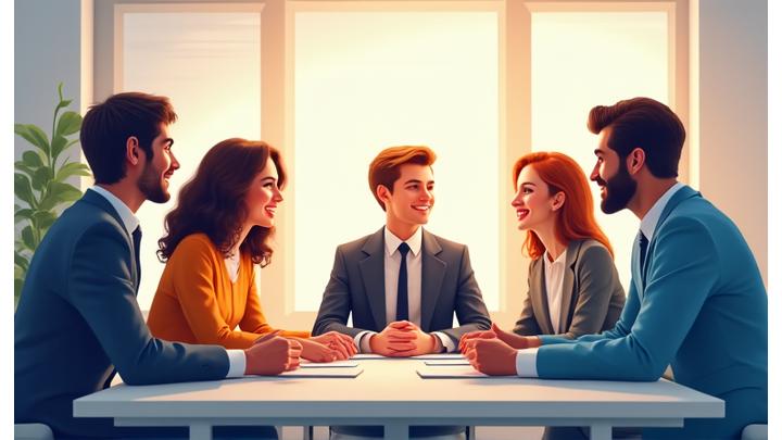 Illustration of diverse business professionals in collaborative discussion around a table, symbolizing positive client and candidate experience.