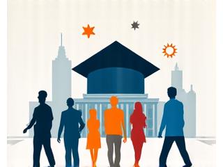 Stylized campus building or graduation cap with diverse student silhouettes, representing university partnerships.